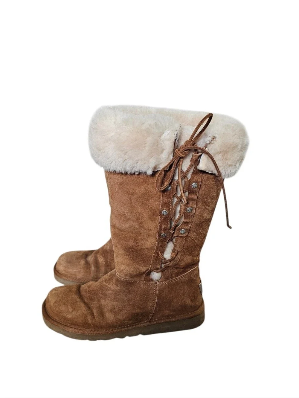 UGG Chestnut Suede Lace-Up Fur Cuff Mid-Calf Boots Size 8